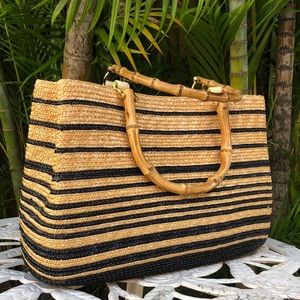 100% Wheat and Black handbag with Bamboo handles